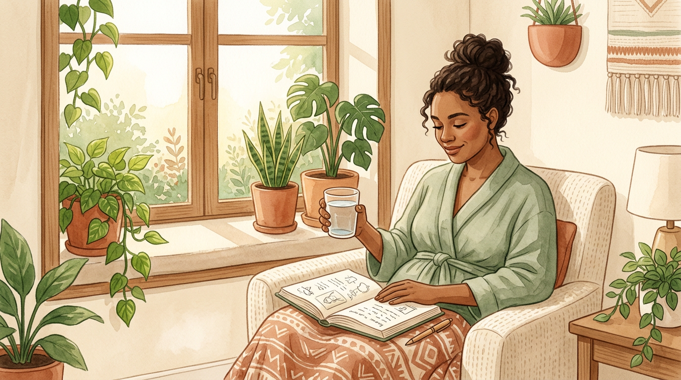 Illustration: early pregnancy wellness and calm routines.
